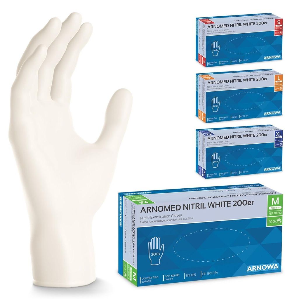 ARNOMED Nitril Handschuhe Weiß, reißfest und langlebig, Größe XL | Box (200 Stück)