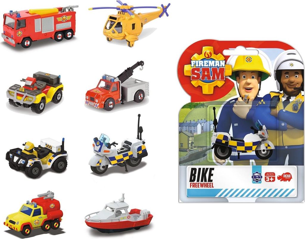 A collage of various Fireman Sam toy vehicles and a packaged toy with Fireman Sam characters.