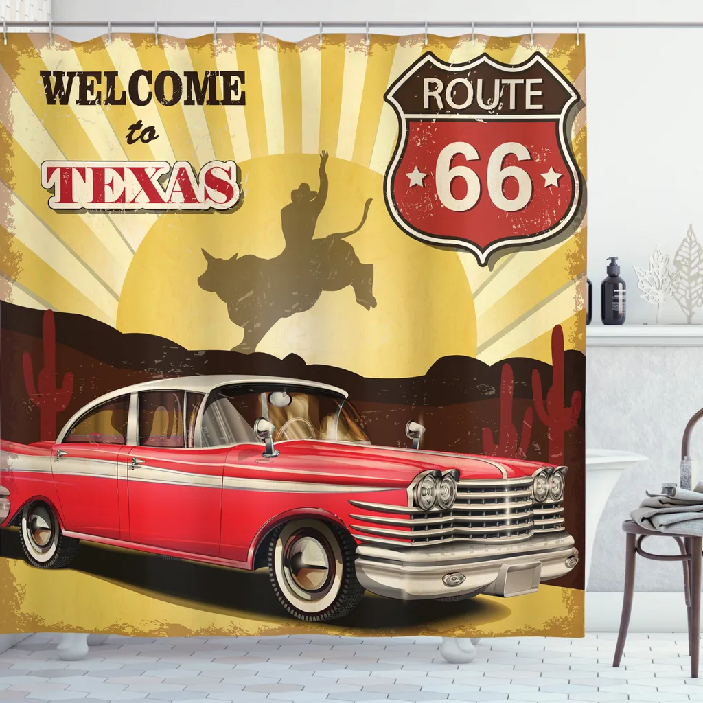 ABAKUHAUS Tenda da doccia vintage, citazione Texas Auto-Cowboy, set incl. 12 ganci in tessuto Impermeabile Resistente a batteri e muffe, 175 x 220 cm, multicolore