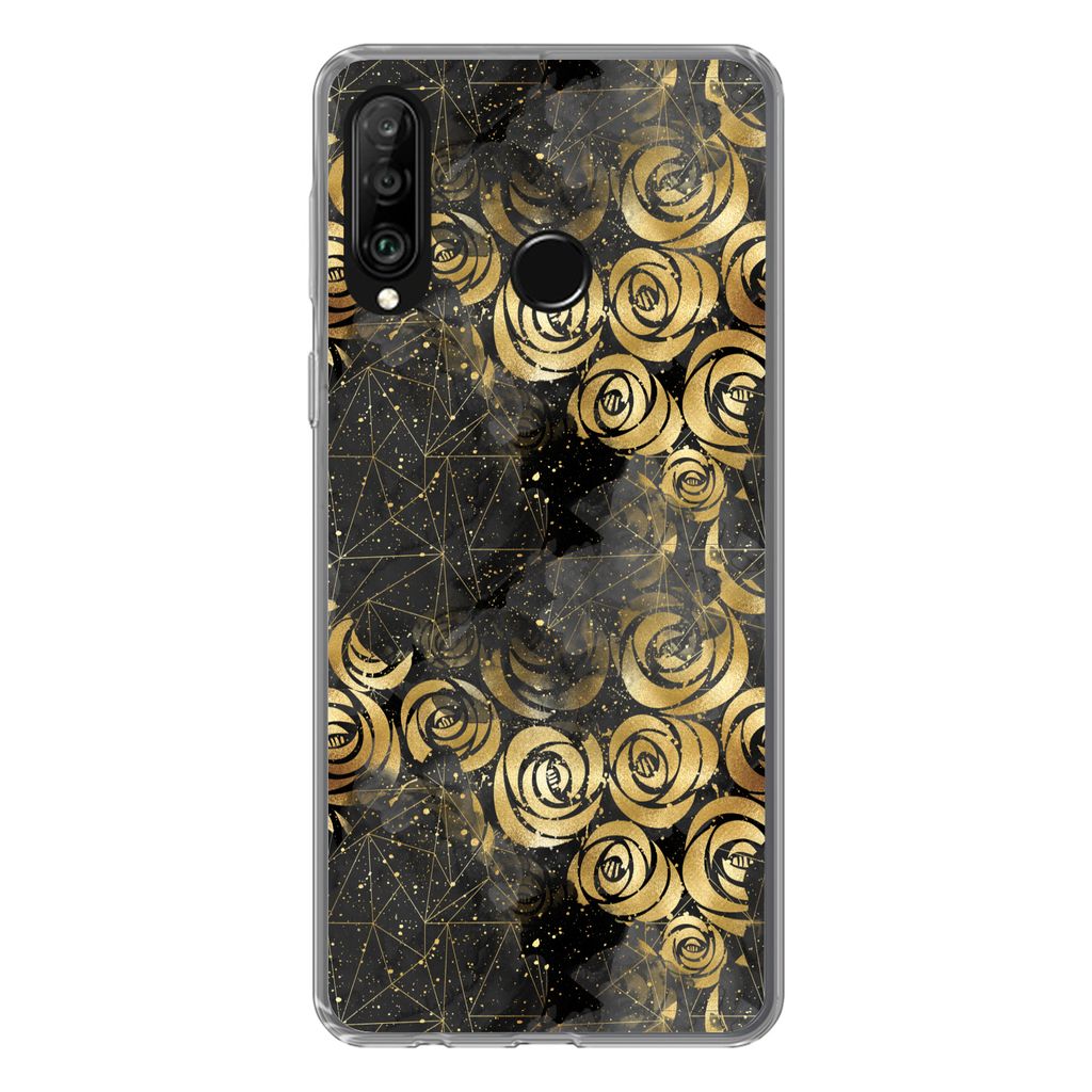 MuchoWow Handyhülle Schutzhülle Hülle für Huawei P30 Lite Marmor - Gold - Rose - Muster Silikon Softcase Handy Hülle - Handyhülle