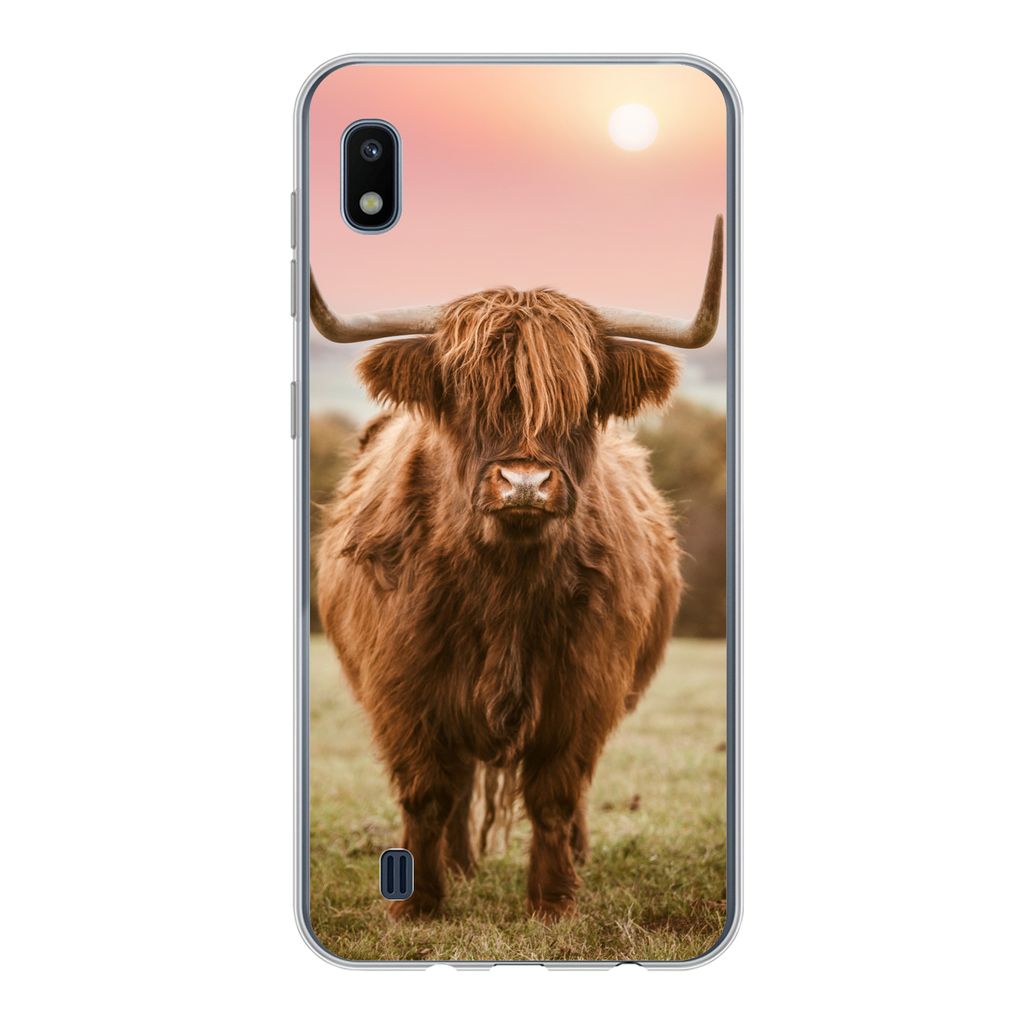 MuchoWow Handyhülle Schutzhülle Hülle für Samsung Galaxy A10 Schottischer Highlander - Sonne - Himmel Silikon Softcase Handy Hülle - Schutzh...