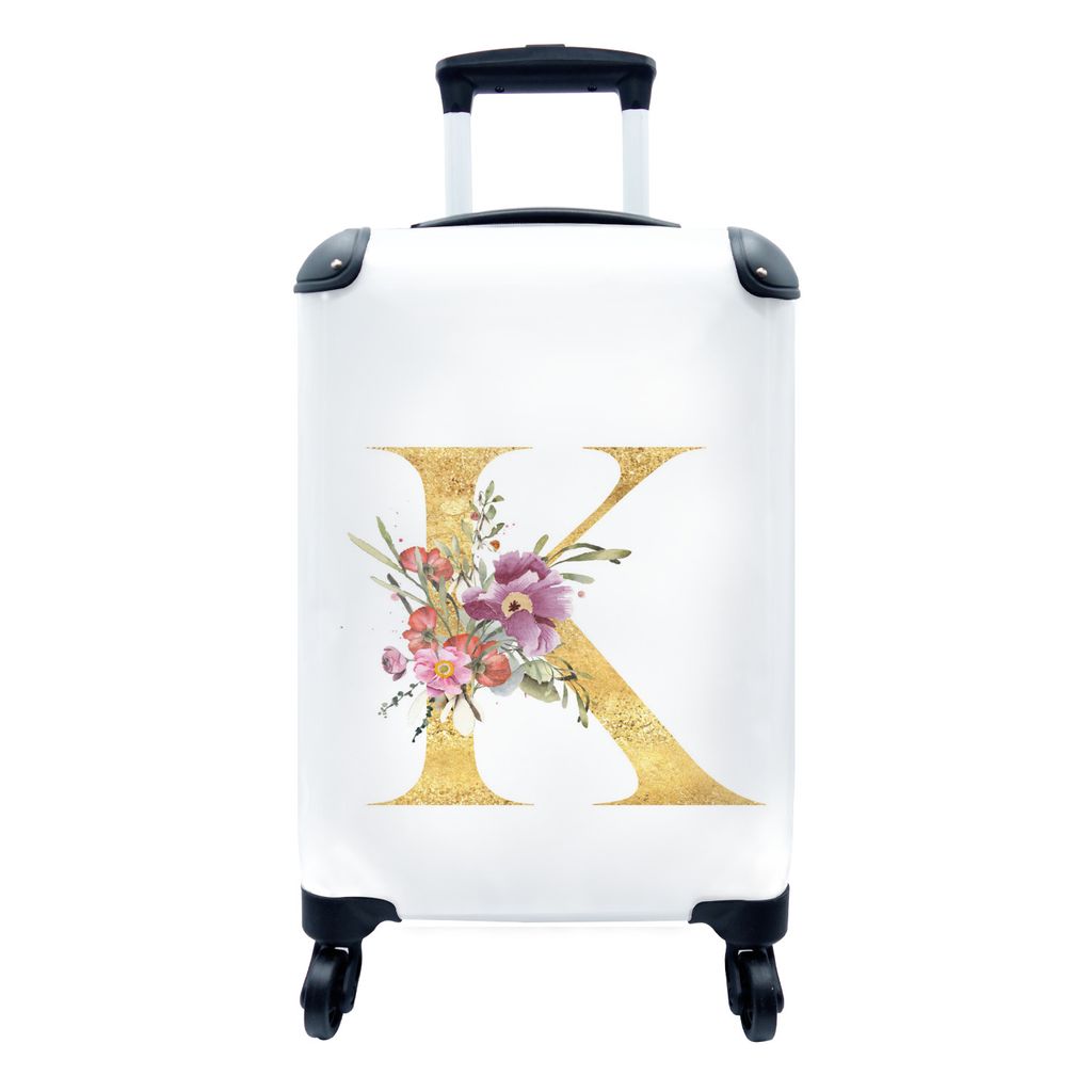 MuchoWow Koffer Handgepäck Trolley Rollkoffer Kleine Reisekoffer mit 4 Rollen - Blume - Buchstabe - Gold - Cabin Size < 55x40x23 cm & 55x40x20 c...