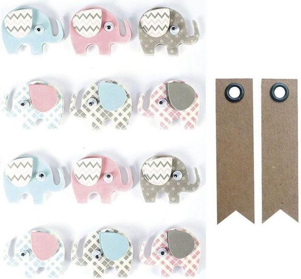 12 Aufkleber 3D - Elefanten 4,3 cm + 20 Wimpel Kraft Etiketten