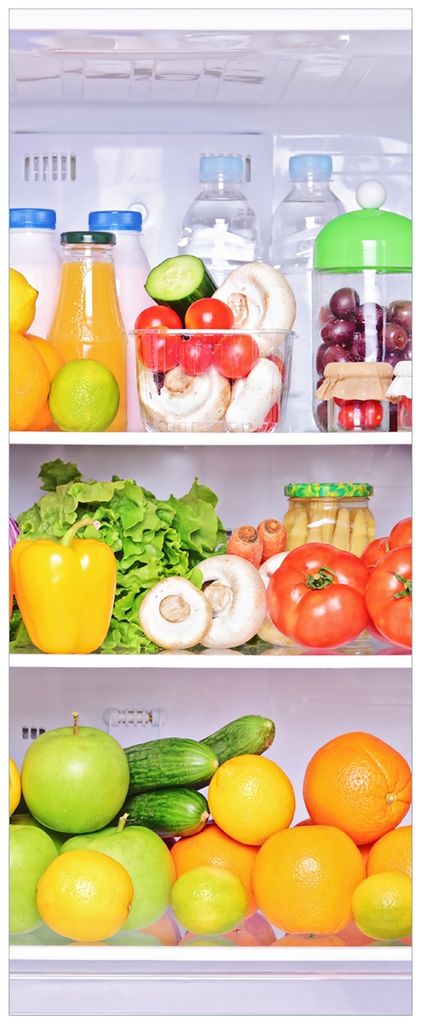 Wallario Wandbild aus Acryl, 200 x 80 cm, freischwebende Optik - Offener gefüllter Kühlschrank