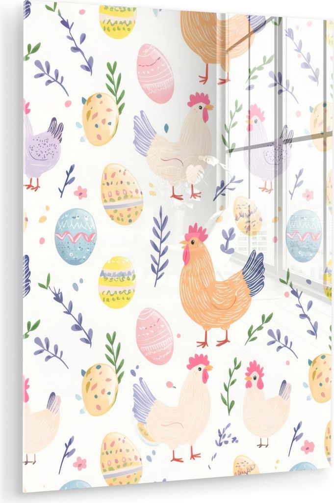 MuchoWow Glasbilder - Bilder auf Wandbild - Foto auf Glas Muster - Huhn - Ostereier 60x80 cm Wanddekoration aus Glas - Acrylglasbild - Acrylbilder ...