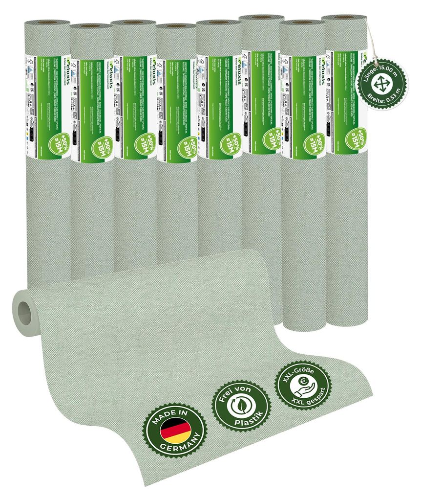 Vliestapete Vliestapete farbig – UNI Tapete einfarbig Salbeigrün 8er Set, 8 x 15,00 m x 0,53 m, matt, waschbeständig, stoßfest, Germany – Ve...