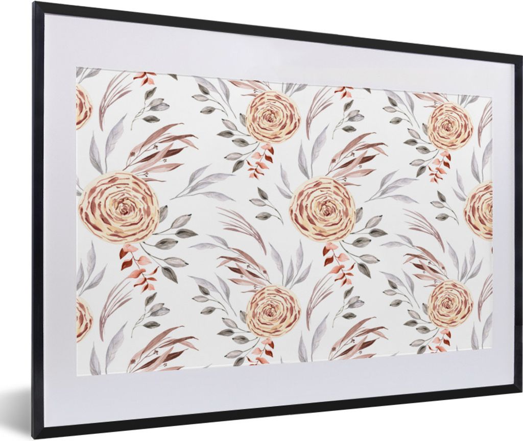 MuchoWow Gerahmtes Poster Rosen - Blätter - Weiß 60x40 cm - Poster mit Schwarzem Bilderrahmen Wandposter Rahmen Foto Bilder - Schlafzimmer - Pl...