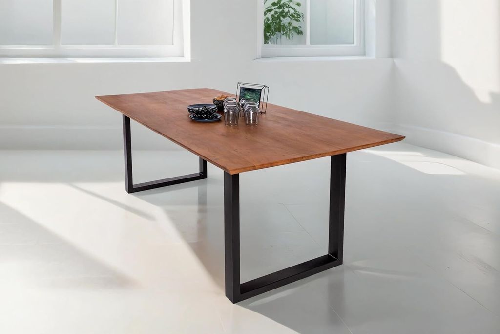 Esstisch 200x100 cm Atlanta, Akazienholz massiv + nussbaumfarben, Esszimmertisch mit Schweizer Kante, U-Metallgestell Schwarz, massiver Holztisch, ...