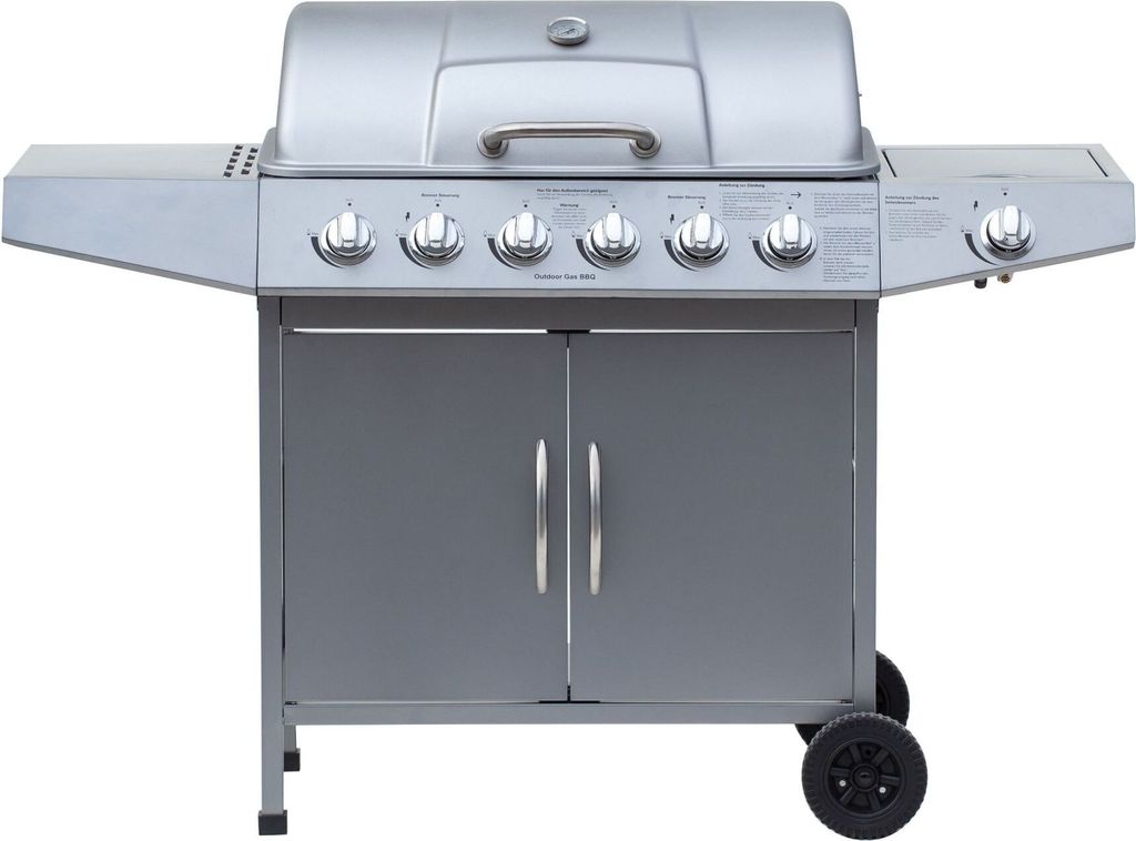 A silver and gray gas grill is shown against a white background.