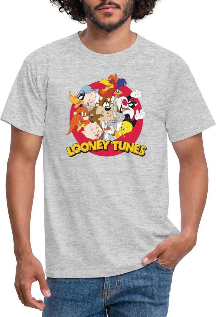 Spreadshirt Looney Tunes Bugs Bunny Logo Gruppenbild Männer T-Shirt, XXL, Grau meliert
