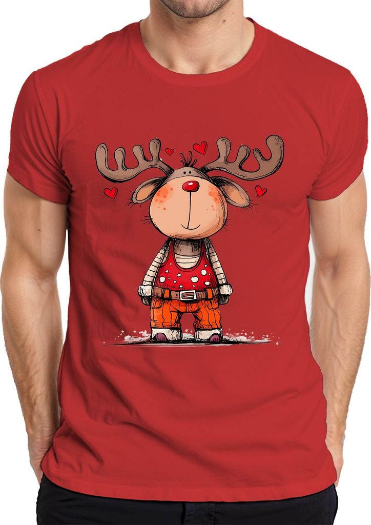 Niedliches Rentier rote Nase Herzen Weihnachten Geschenk Cartoon Herren T-Shirt, Rot, XL