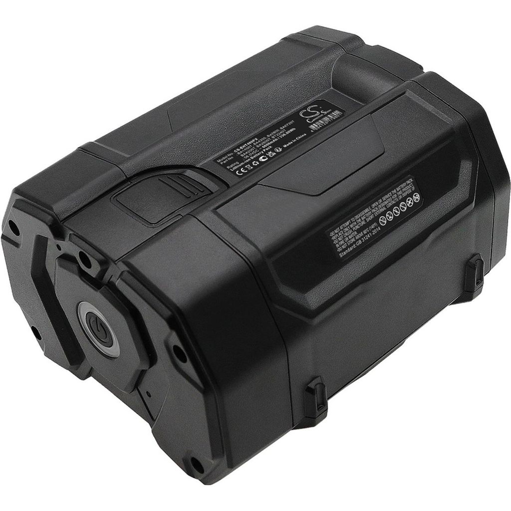 A black battery pack for power tools, shown from a diagonal angle against a white background.