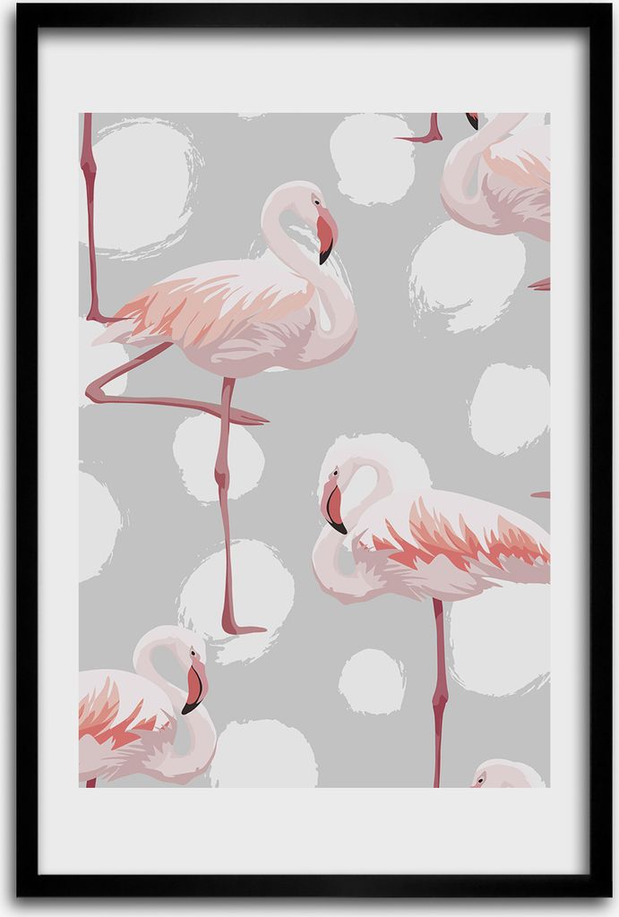Bild - Bilderrahmen - 40 cm x 60 cm - MDF - Rahmen - Wandkunst - Flamingos und Punkte