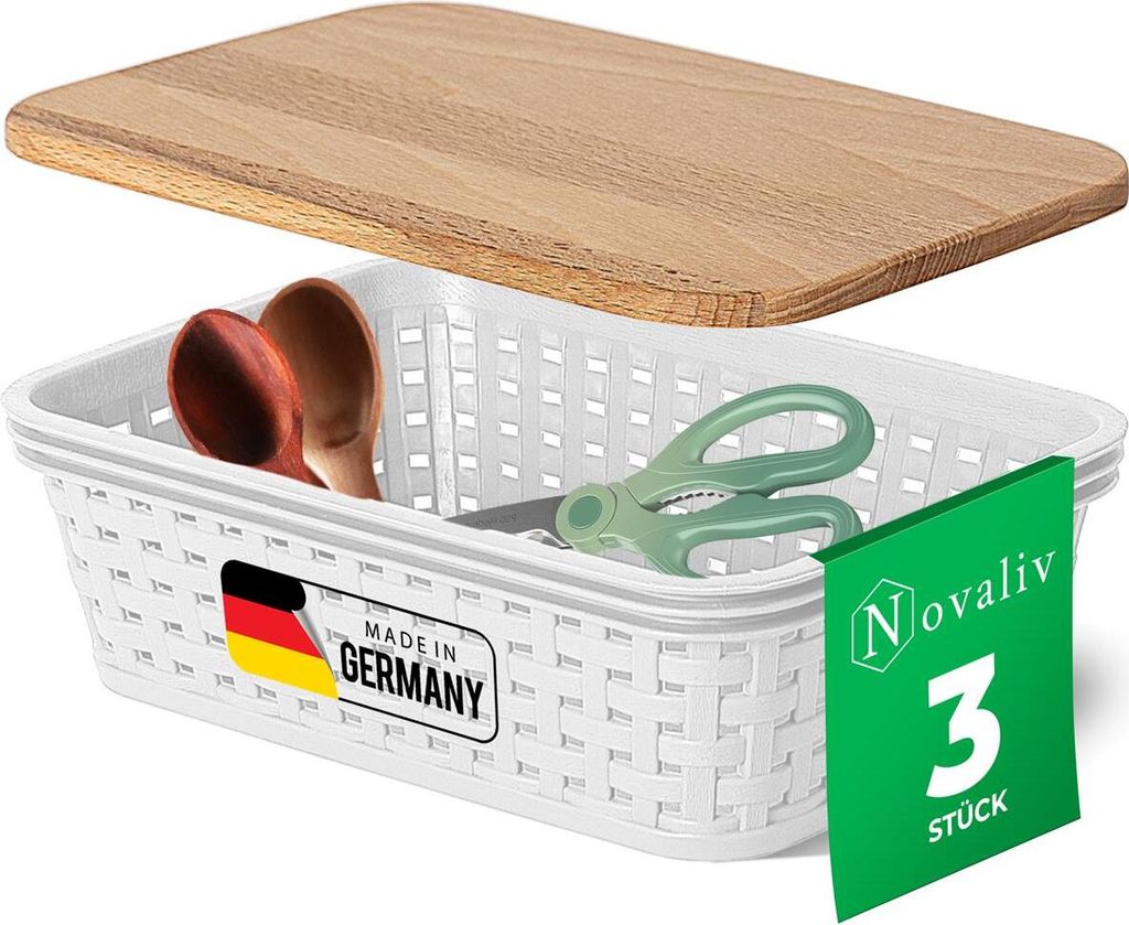 Novaliv 3er Set Aufbewahrungsbox mit Holzdeckel Küche 1L Weiß Kunststoff Rattan-Optik Küche Aufbewahrung & Organisation BPA-Freie Schrank Organi...