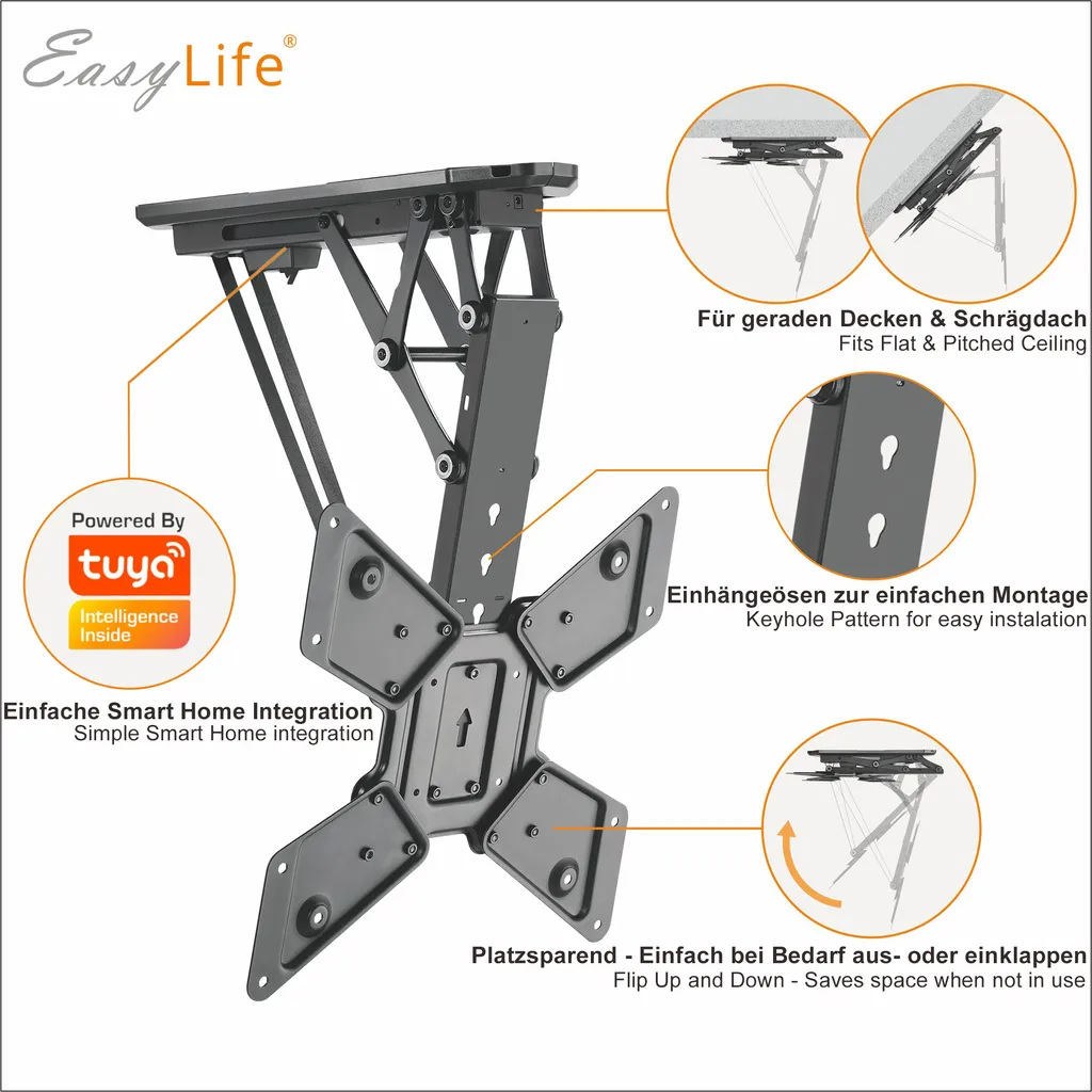 Support TV Plafond Motorisé : Solution Gain de Place pour Écran 55"
