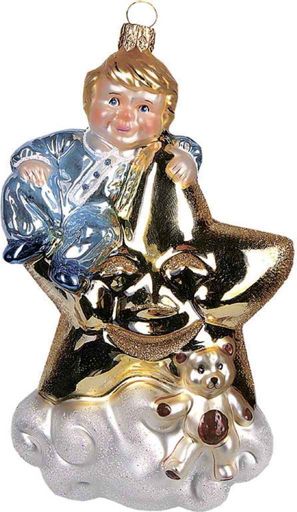 Christbaumschmuck Glas 13,5cm Stern Junge Baby Figur Gold / Blau