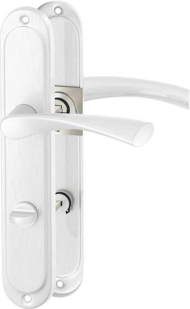 A white and silver door handle set with a keyhole.