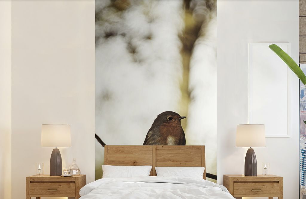MuchoWow Fototapete für Wohnzimmer oder Schlafzimmer Wandtapete Vinyl Motivtapete Natur - Rotkehlchen - Zweig - 120x240 cm - Hintergrundbild