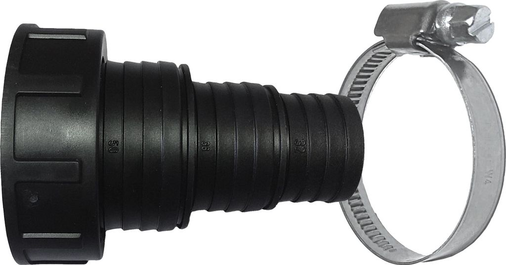 Stufenschlauchtülle Ø32 / 38 / 50mm x 2 Zoll Innengewinde Überwurfmutter + Schlauchschelle Ø40-60mm (Edelstahl)