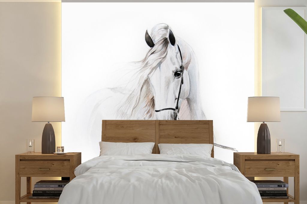 MuchoWow Fototapete für Wohnzimmer oder Schlafzimmer Wandtapete Vinyl Motivtapete Pferd - Aquarell - Tiere - Weiß - 280x280 cm - Kindertapete -...