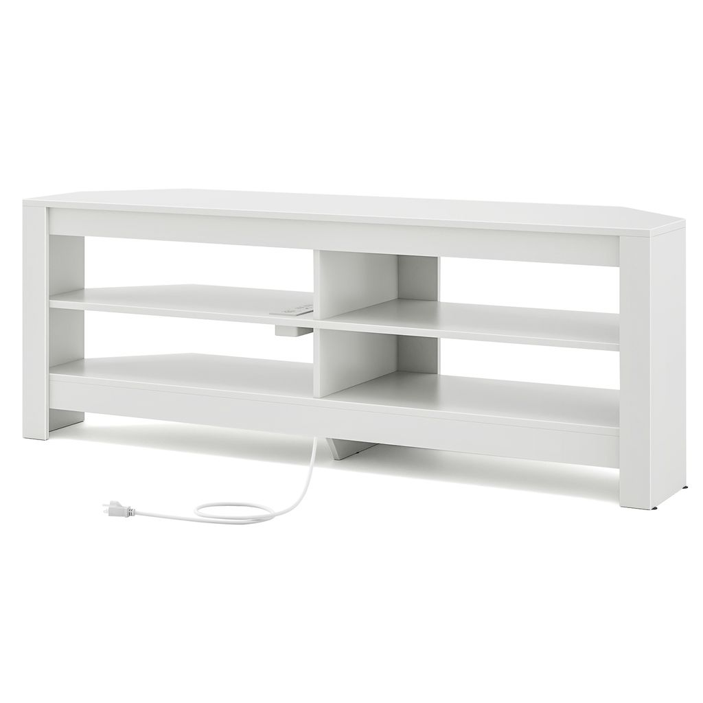KOMFOTTEU Fernsehtisch mit Steckdose, Fernsehschrank Lowboard für Fernseher bis 65 Zoll, TV-Schrank mit 4 offenen Ablagefächern, TV Konsole Eckti...