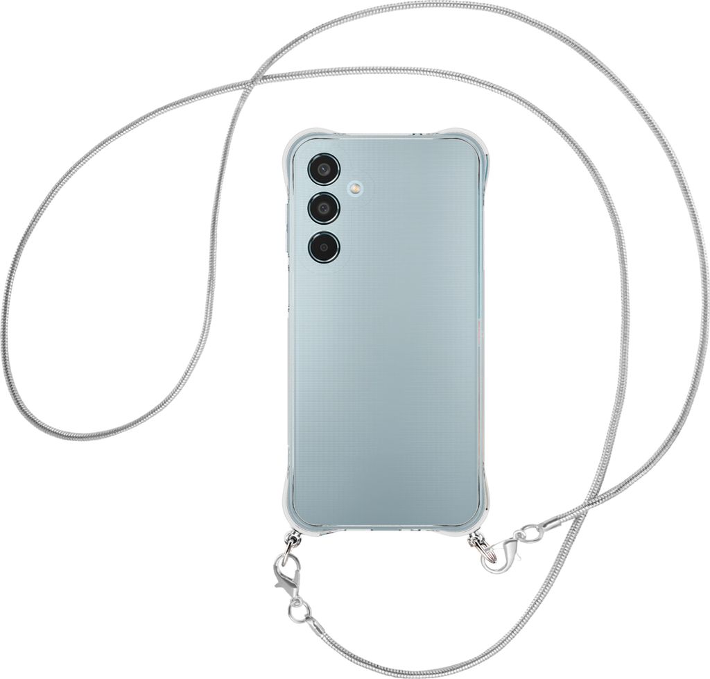Handykette Backcover-Schutzhülle mit Band (Metall silberfarben) für Samsung Galaxy M35 5G - silberfarbene Snake-Kette