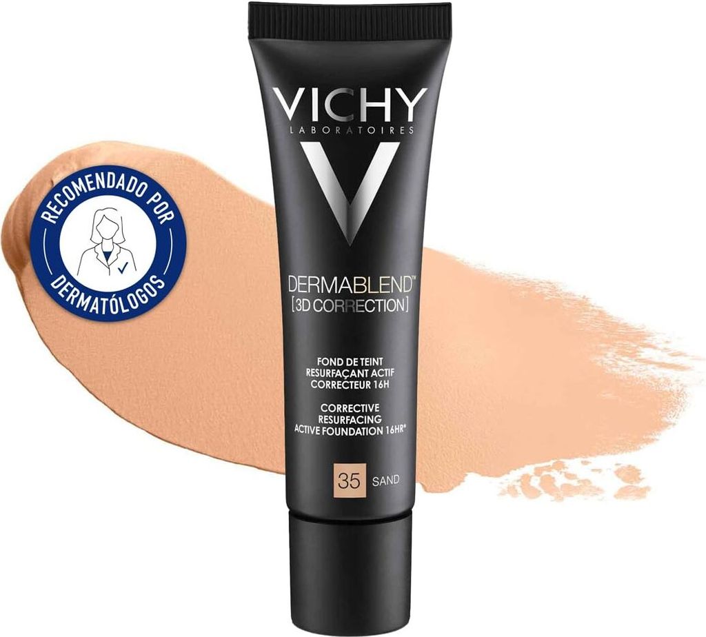 A tube of Vichy Dermablend foundation is shown on a swatch of foundation.