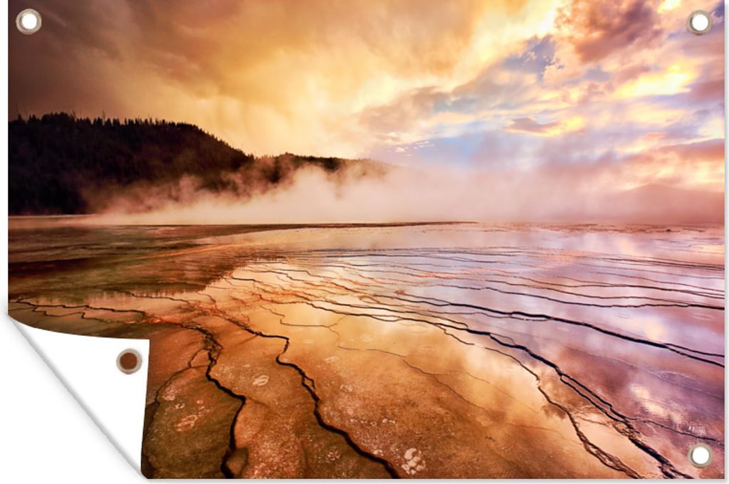 MuchoWow 90x60 cm Outdoor-Poster Gartendeko Sichtschutz Garten Poster für den Garten Yellowstone - Sonne - Nebel