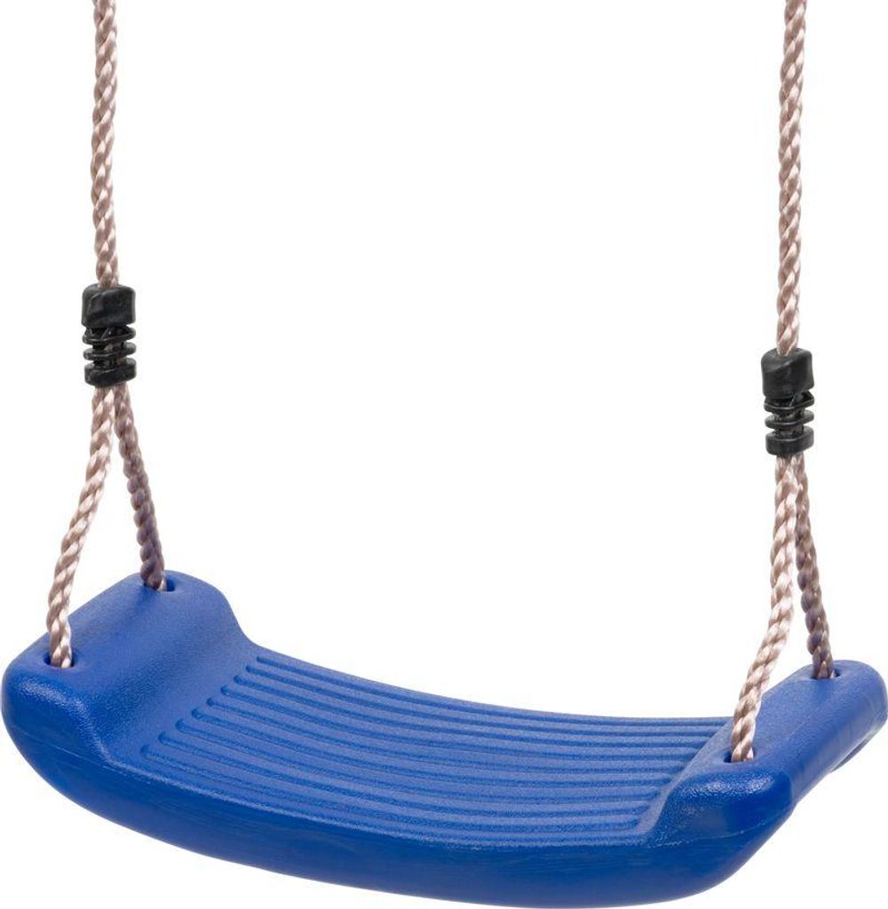 A blue plastic swing seat with ropes, isolated on a white background.