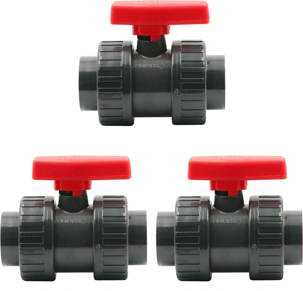 HAF 3x PVC 2 Wege Kugelhahn Roter Griff mit 63mm | Klebemuffe x Klebemuffe | Absperrhahn aus grauem PVC-U | PN16 für PVC Verrohrung, Pool & Teich