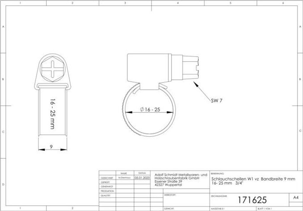Universal W1 Schlauchschelle 171625 16 - 25mm, 1/2" + 3/4"