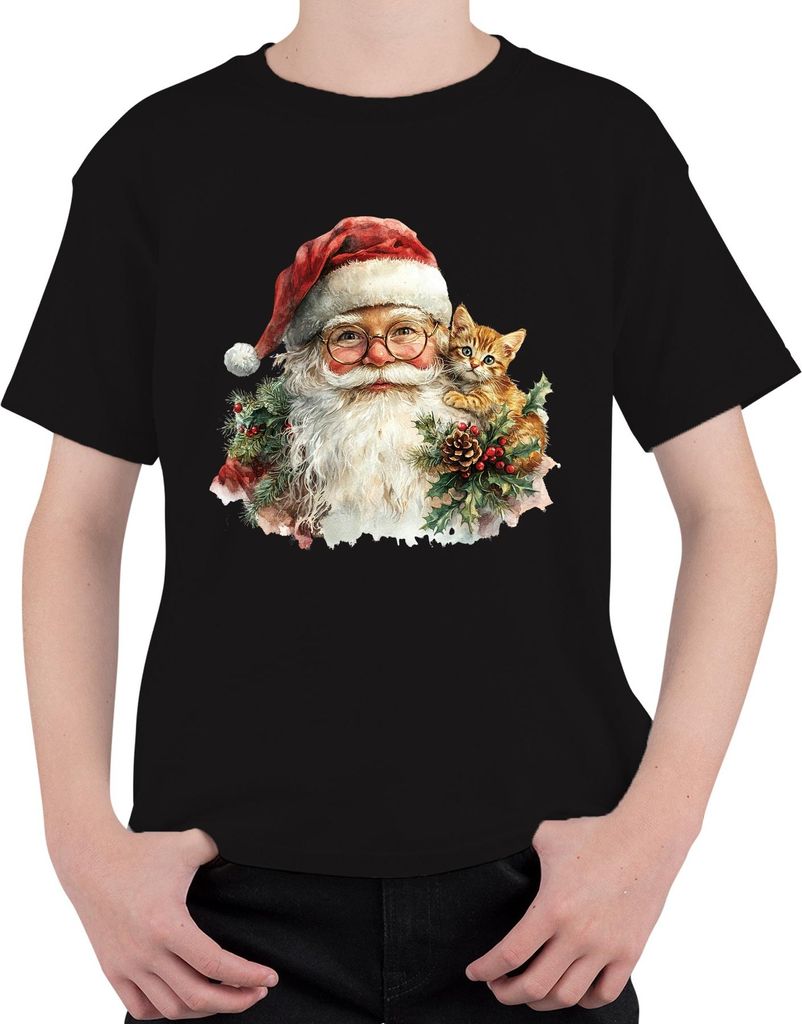 Weihnachtsmann Kätzchen Stechpalme Tannenzweig Zapfen Weihnachten Uni Kinder T-Shirt, Schwarz, 140