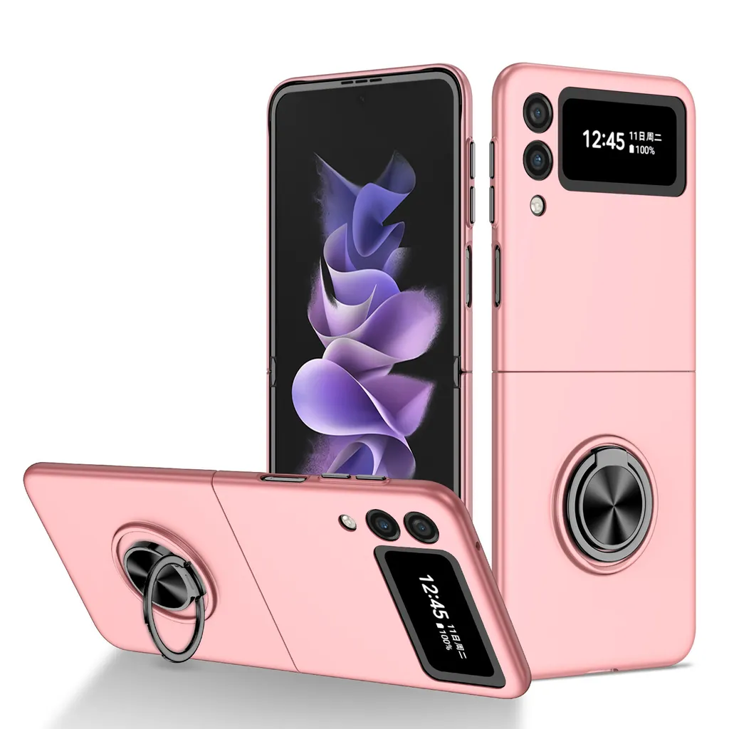 Custodia rigida sottile per Samsung Galaxy Z Flip 3 5G, con supporto ad anello Rosa