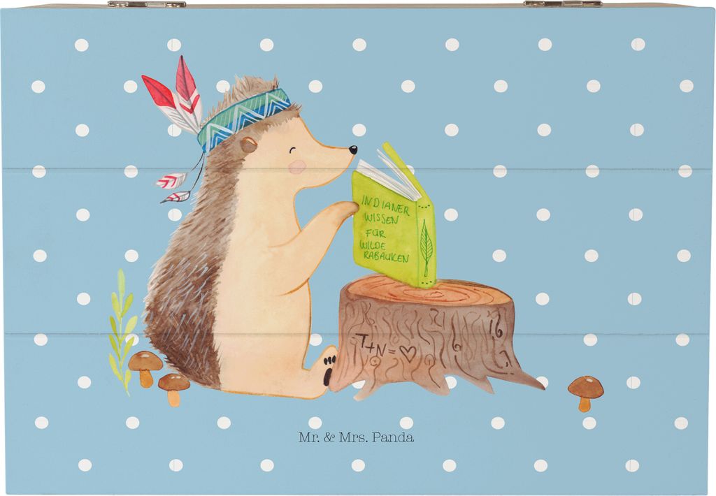 Mr. & Mrs. Panda Holzkiste Igel Federschmuck 22 x 15 cm - Blau Pastell - Geschenk, Tiere, Truhe, fotobox, Indianer, Lagerfeuer, Box, holz, schatztr...