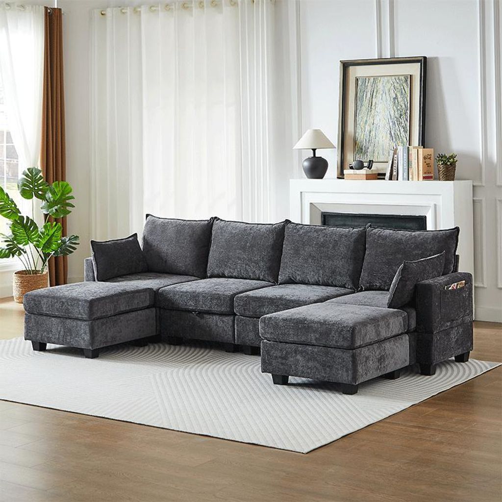 Modulares Chenille-Sofa, Ecksofas für das Wohnzimmer U-förmiges Ecksofa mit Stauraum-Ottomane, 6-Sitzer-Ecksofas mit Chaiselongue