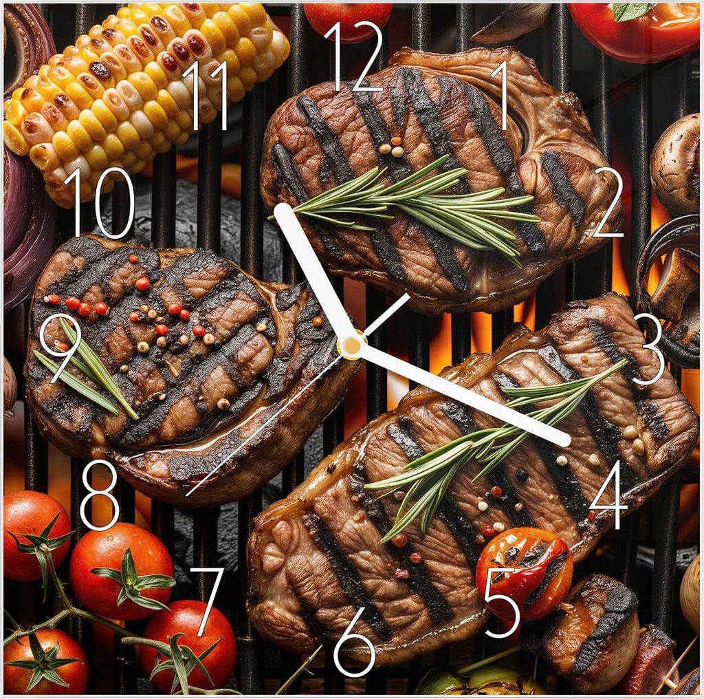 Wanduhr aus Glas mit Motiv Grillplatte- 30 x 30 cm - inkl. Aufhängesystem