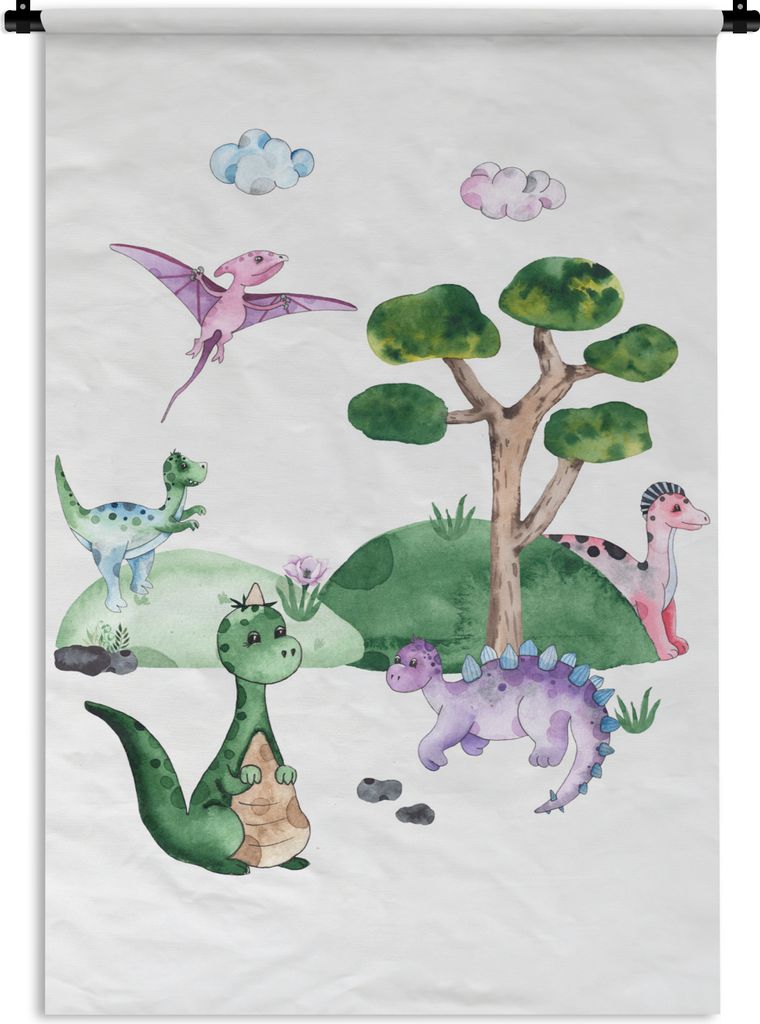 MuchoWow Wandteppich Wandbehang Kinderzimmer - Dinosaurier - Weiß - Jungen - Mädchen - Kinder 60x90 cm Tapisserie Dekoration Wandtuch - Foto-Te...