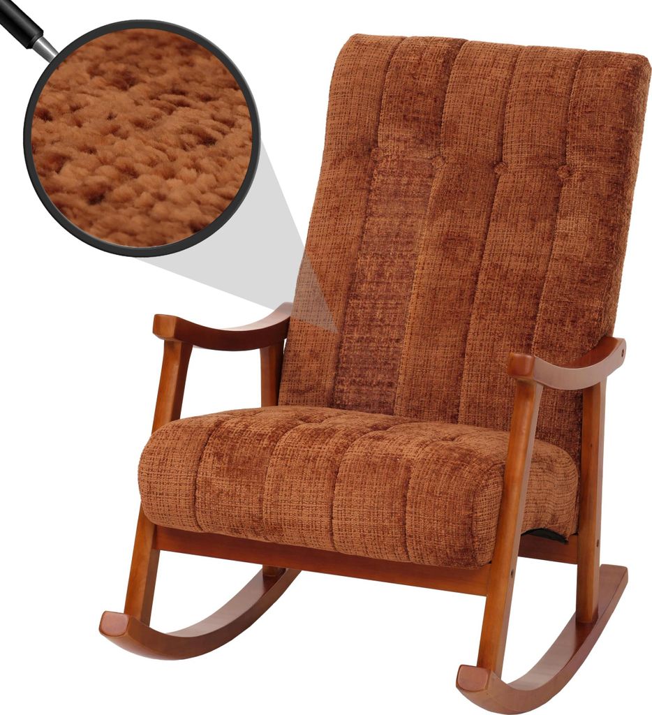 A brown rocking chair with a close-up inset showing the fabric texture.