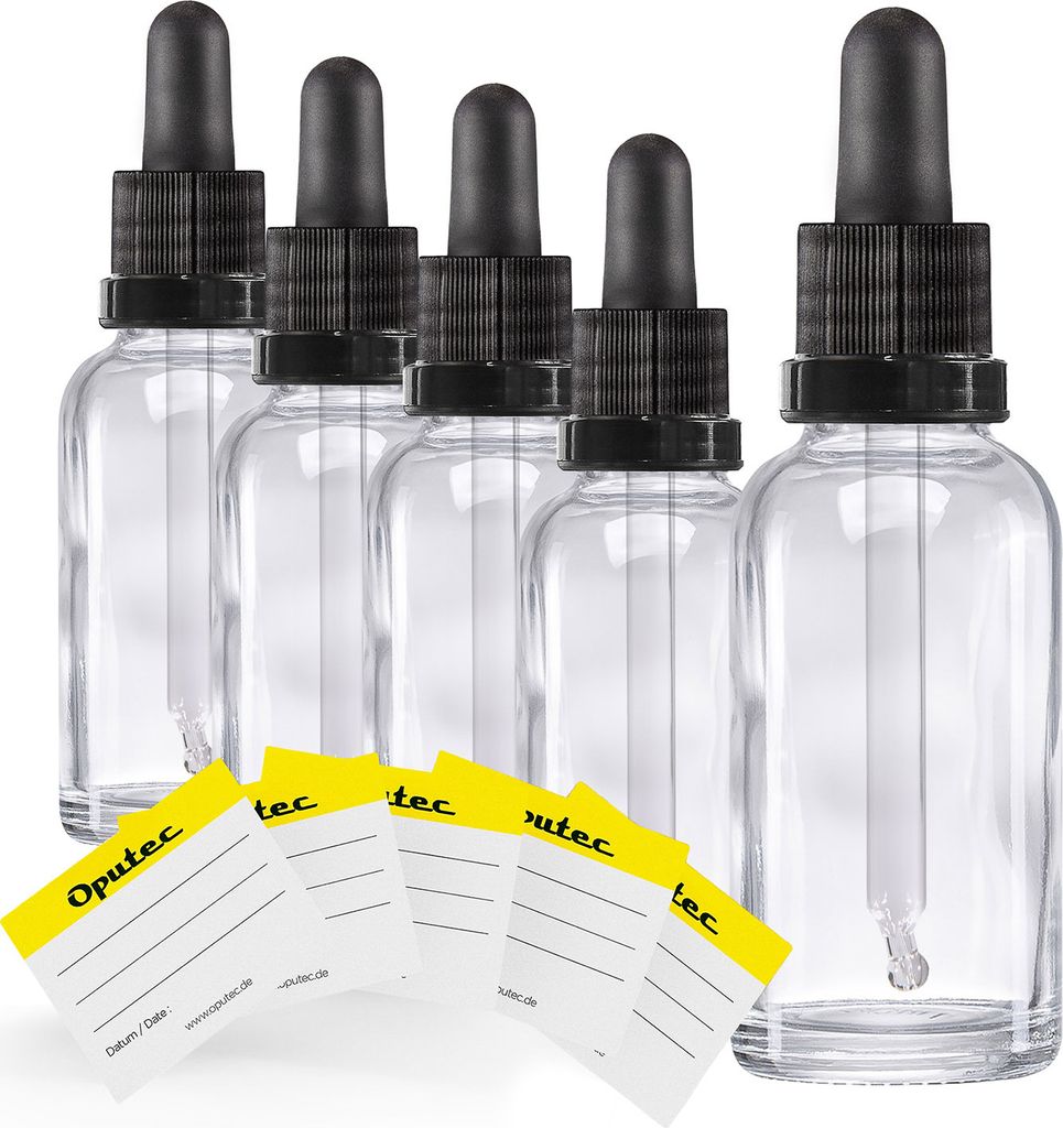 Oputec 5x 30ml Pipettenflasche Klarglas mit Glaspipette + Etiketten – für Aromatherapie, Öle & Kosmetik