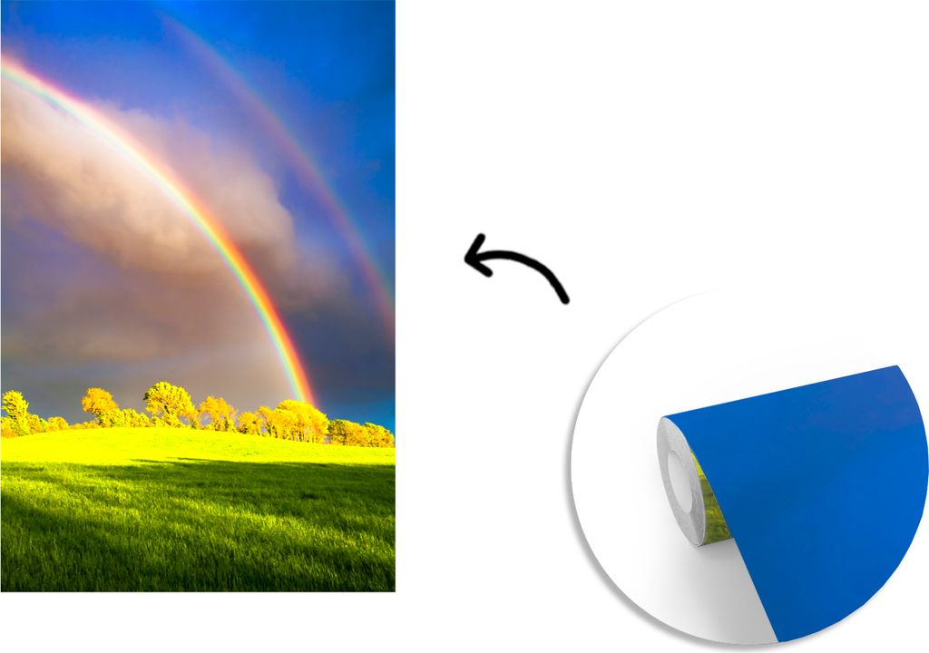MuchoWow Fototapete für Wohnzimmer oder Schlafzimmer Wandtapete Vinyl Motivtapete Eine Nahaufnahme eines hellen Regenbogens über grünen Bäume...