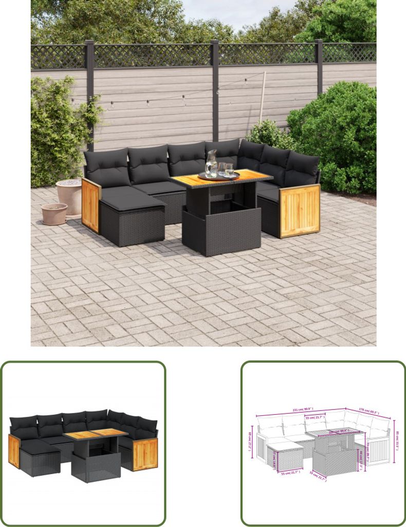 The Living Store 8-tlg. Garten-Sofagarnitur mit Kissen Schwarz Poly Rattan