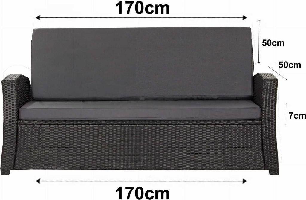 A front view of a dark grey outdoor sofa cushion set with dimensions indicated by text overlays.