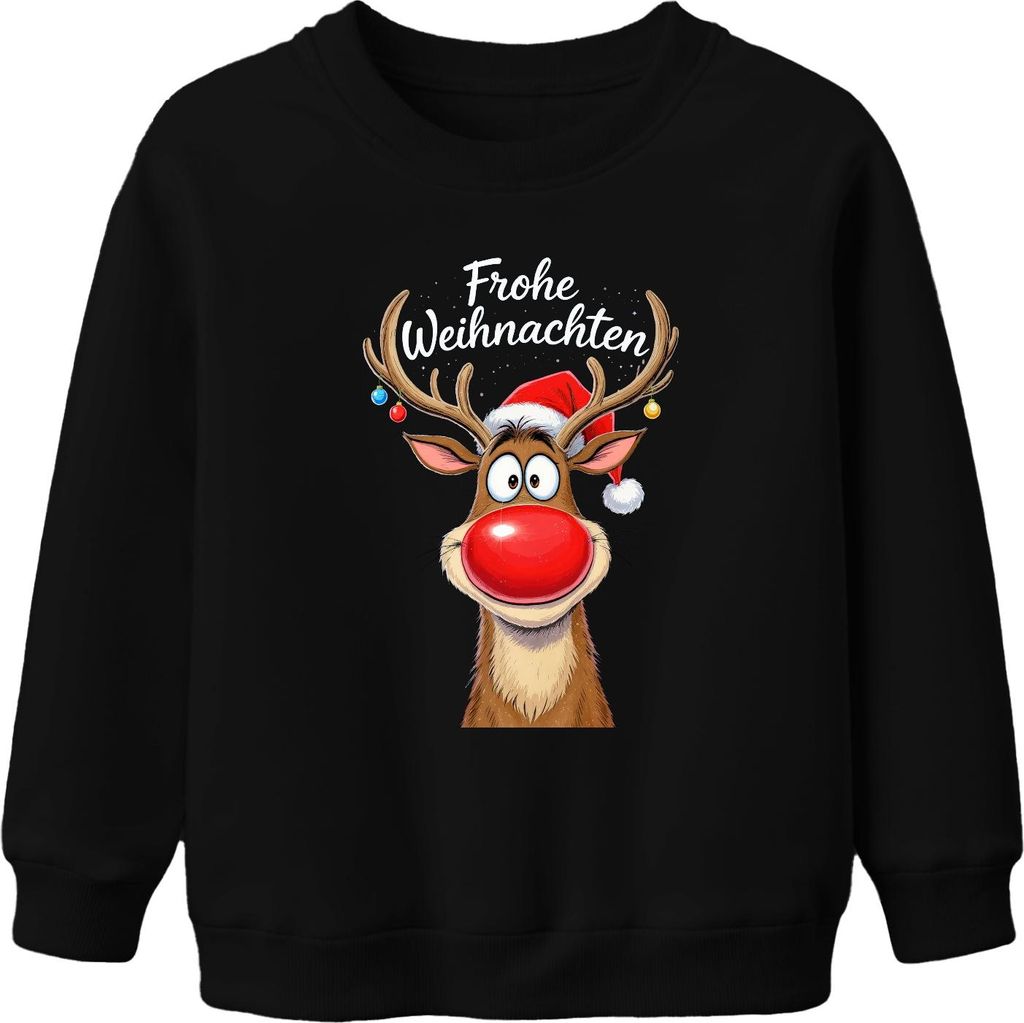 Frohe Weihnachten Rentier Rudolph rote Nase Weihnachtsmütze süß Uni Kinder Sweatshirt Pullover, Schwarz, 152
