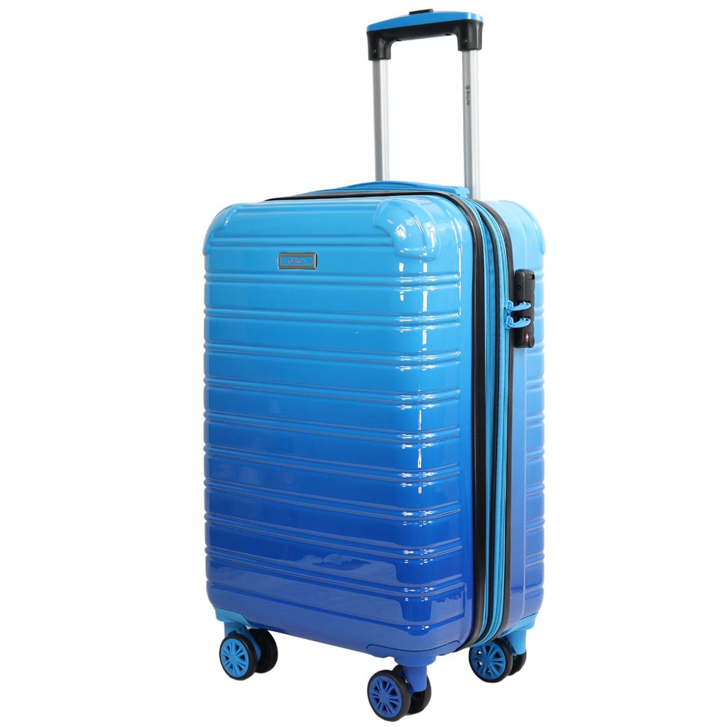 A blue suitcase with wheels and a retractable handle, shown against a white background.