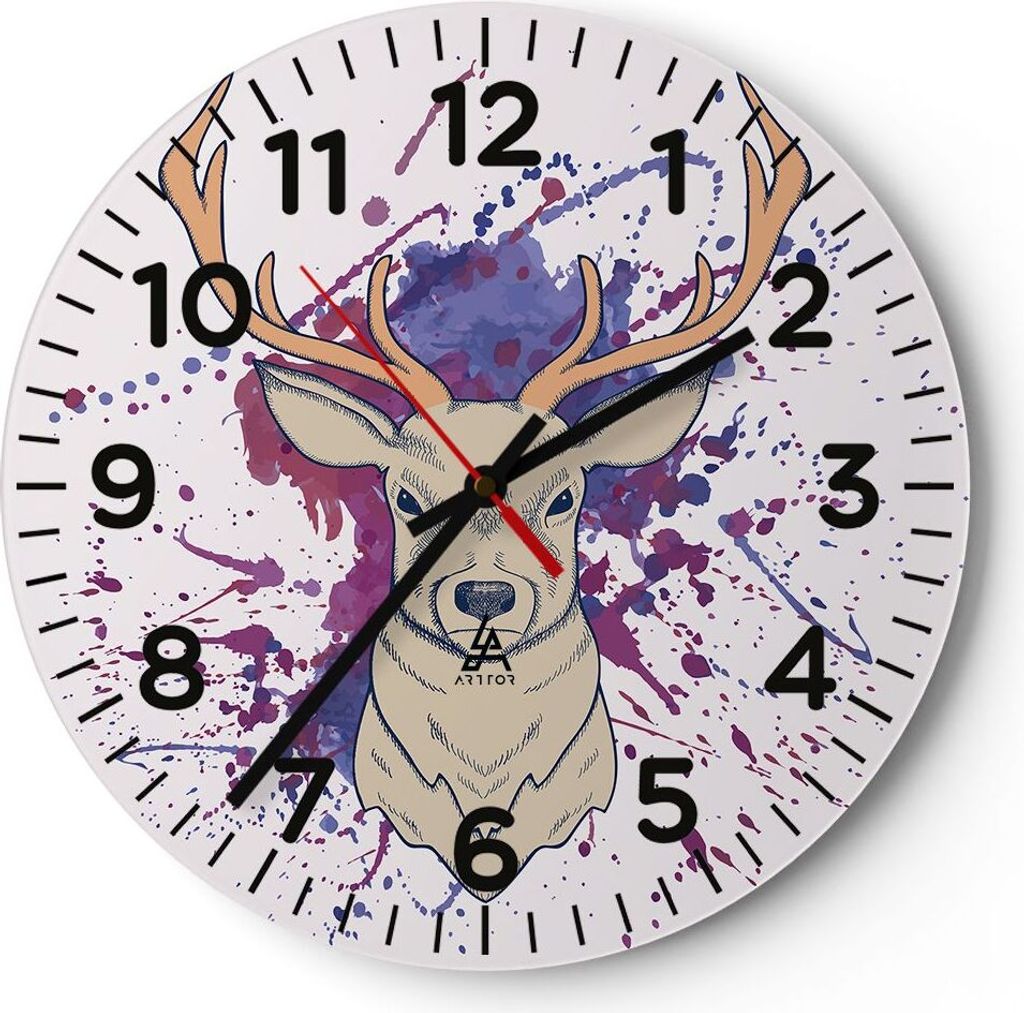 Wanduhr - Rund - Glasuhr - Hirsch Abstraktion - 30x30cm - Schleichendes Uhrwerk - Lautlos - zum Aufhängen bereit - Dekoration Modern - Wanddekorat...