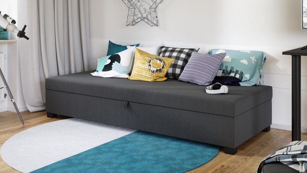 Einzelbett Misti - Sofa mit Bettkasten, Schlafsofa, Bettsofa, Farbauswahl, Bettgestell, Komfortbett, Bett für Jugendzimmer, Schlafmöbel (Graphit ...