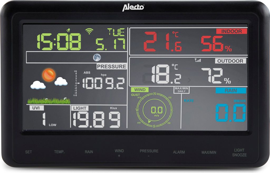 Alecto WS-5500 - Professionelle 8 in 1 WLAN-Wetterstation mit App und kabellosem Außensensor, schwarz