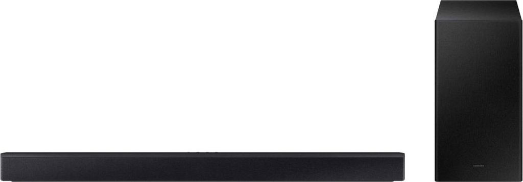 A black soundbar and subwoofer are displayed against a white background.