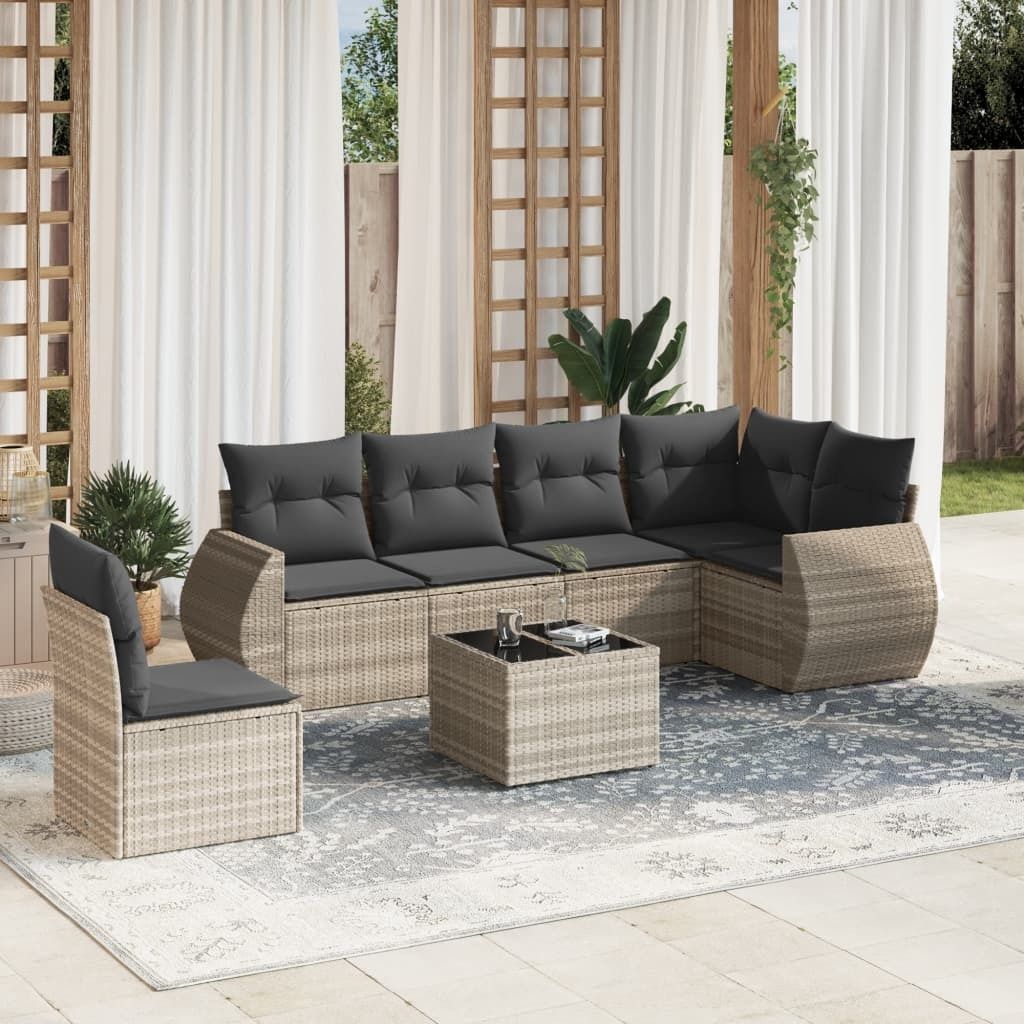 Industrie-Stil 7-tlg. Garten-Sofagarnitur Sofa Set mit Kissen Hellgrau Poly Rattan Terrassenmöbel2024 cloris