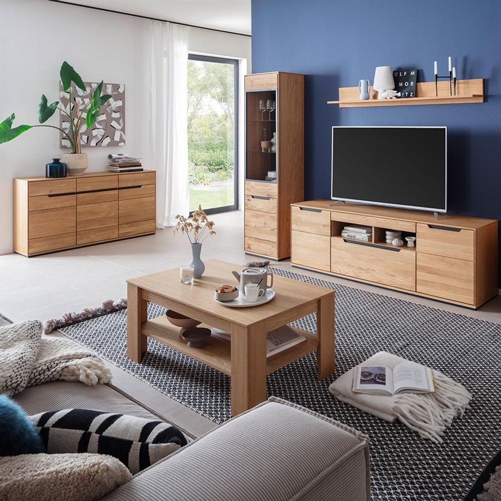 Wohnmöbel Set in Eiche teilmassiv mit Couchtisch, Sideboard & LED-Beleuchtung, 5-teilig - AVESTA-06
